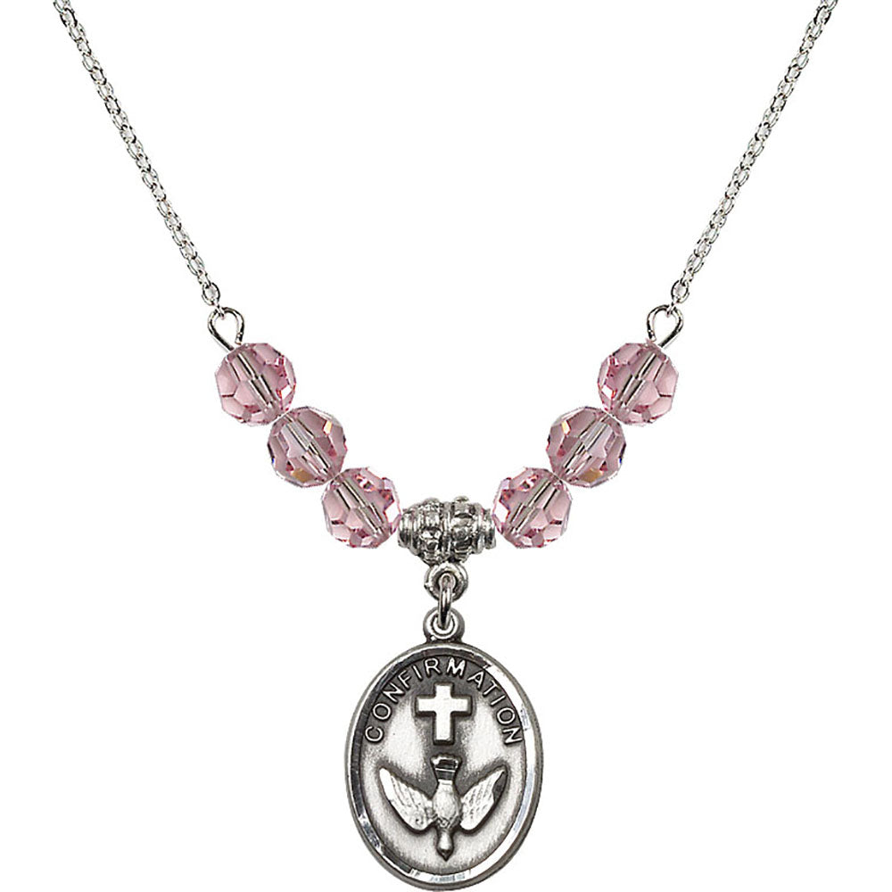 Sterling Silver Confirmation Birthstone Necklace with Light Rose Beads - 0873