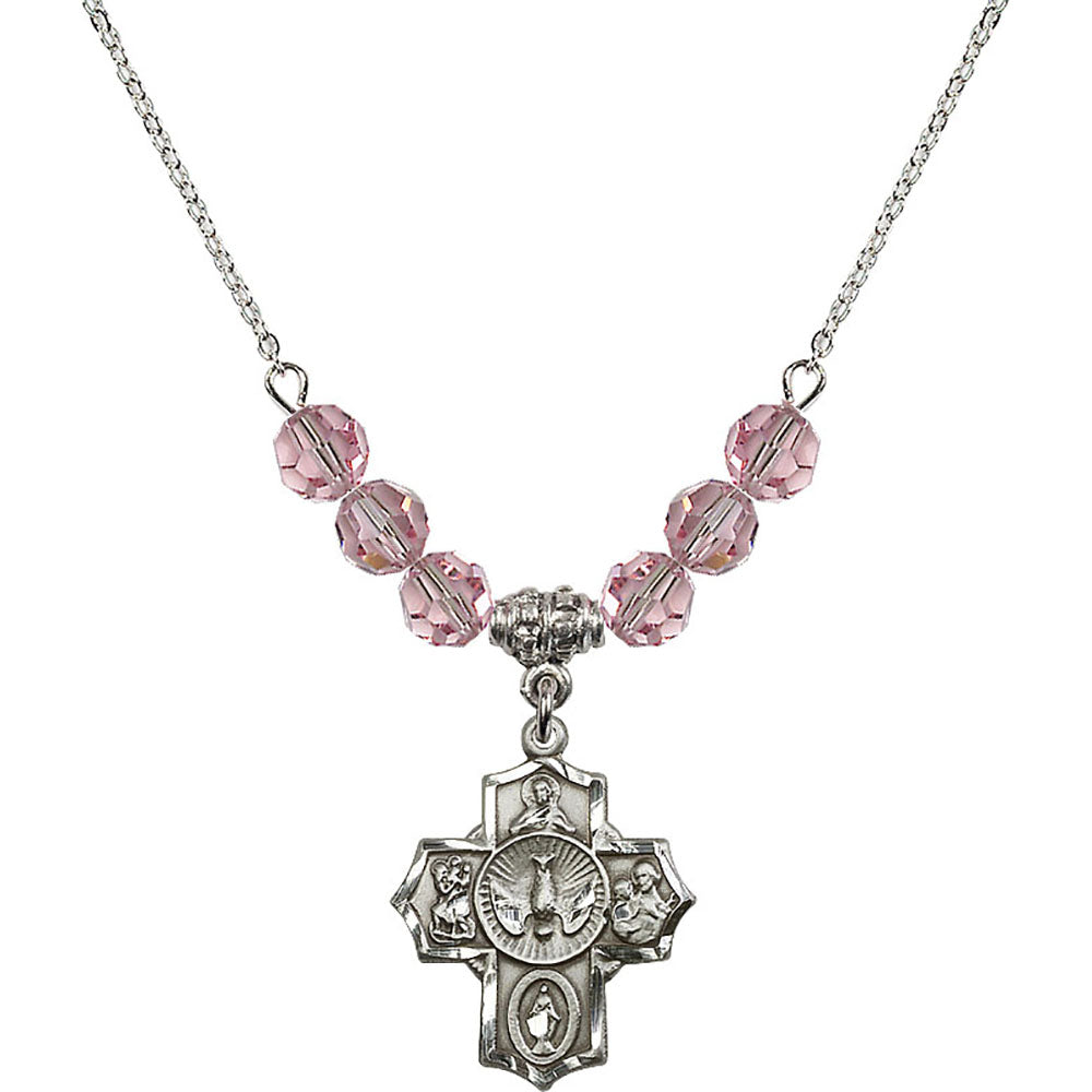 Sterling Silver 5-Way Birthstone Necklace with Light Rose Beads - 2090
