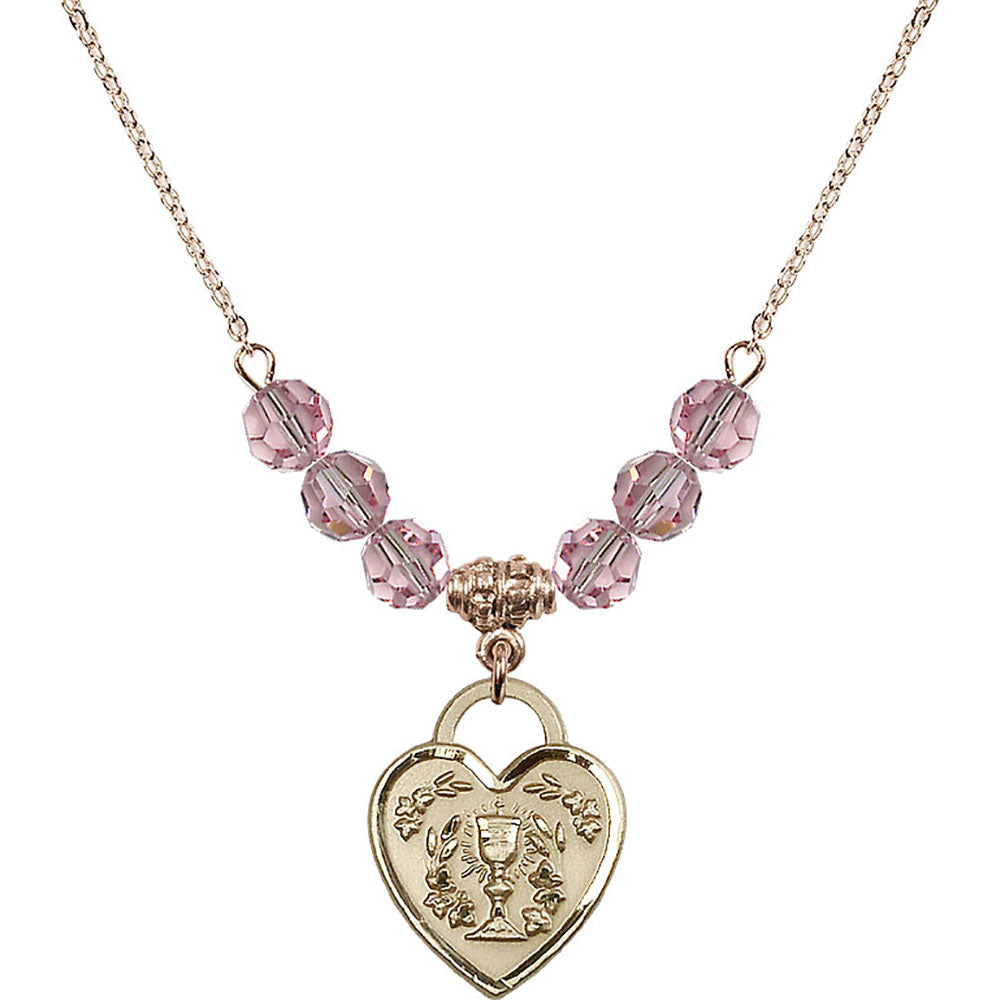 14kt Gold Filled Communion Heart Birthstone Necklace with Light Rose Beads - 3204