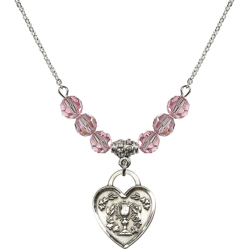 Sterling Silver Communion Heart Birthstone Necklace with Light Rose Beads - 3204