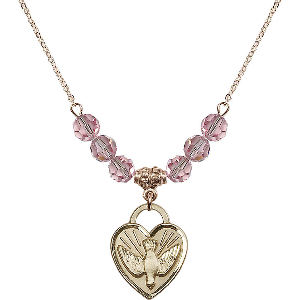 14kt Gold Filled Confirmation Heart Birthstone Necklace with Light Rose Beads - 3205