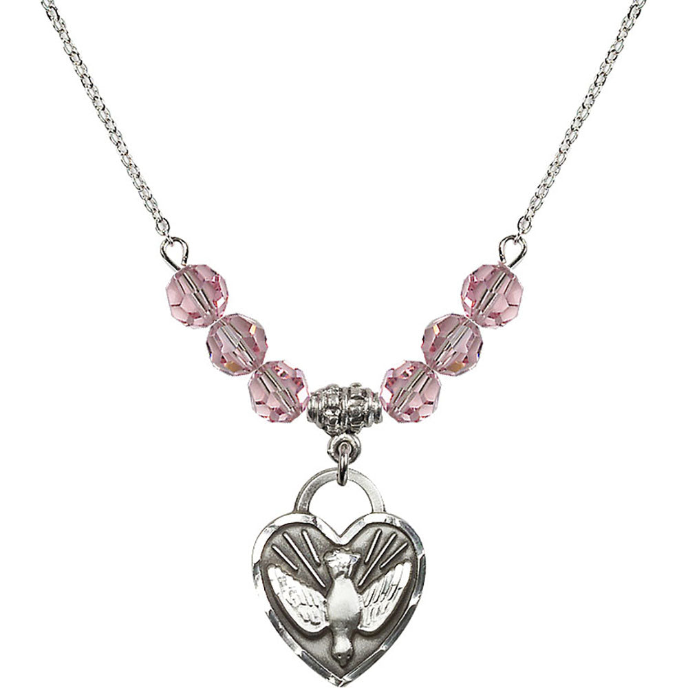 Sterling Silver Confirmation Heart Birthstone Necklace with Light Rose Beads - 3205