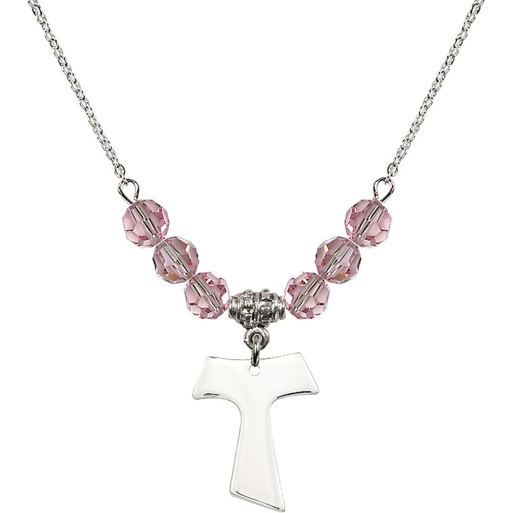 Sterling Silver Tau Cross Birthstone Necklace with Light Rose Beads - 3948