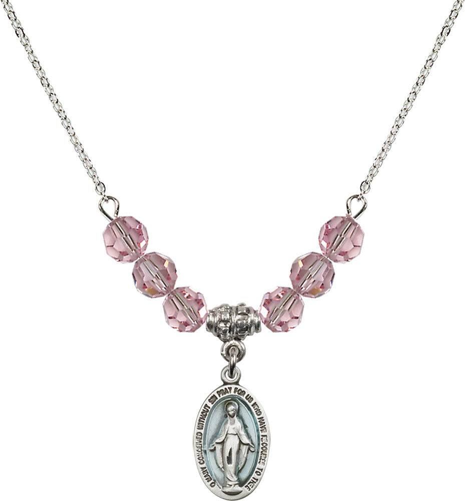 Sterling Silver Miraculous Birthstone Necklace with Light Rose Beads - 4122