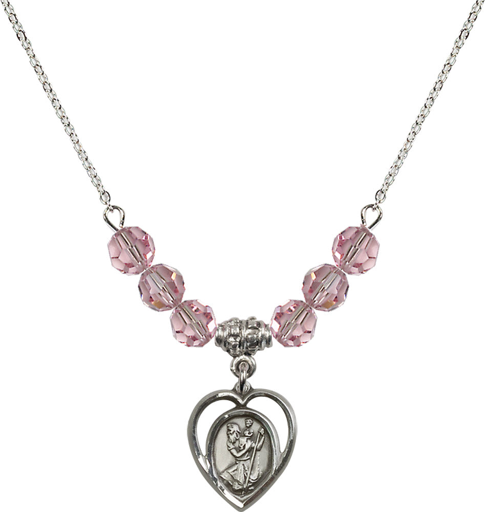 Sterling Silver Saint Christopher Birthstone Necklace with Light Rose Beads - 4127