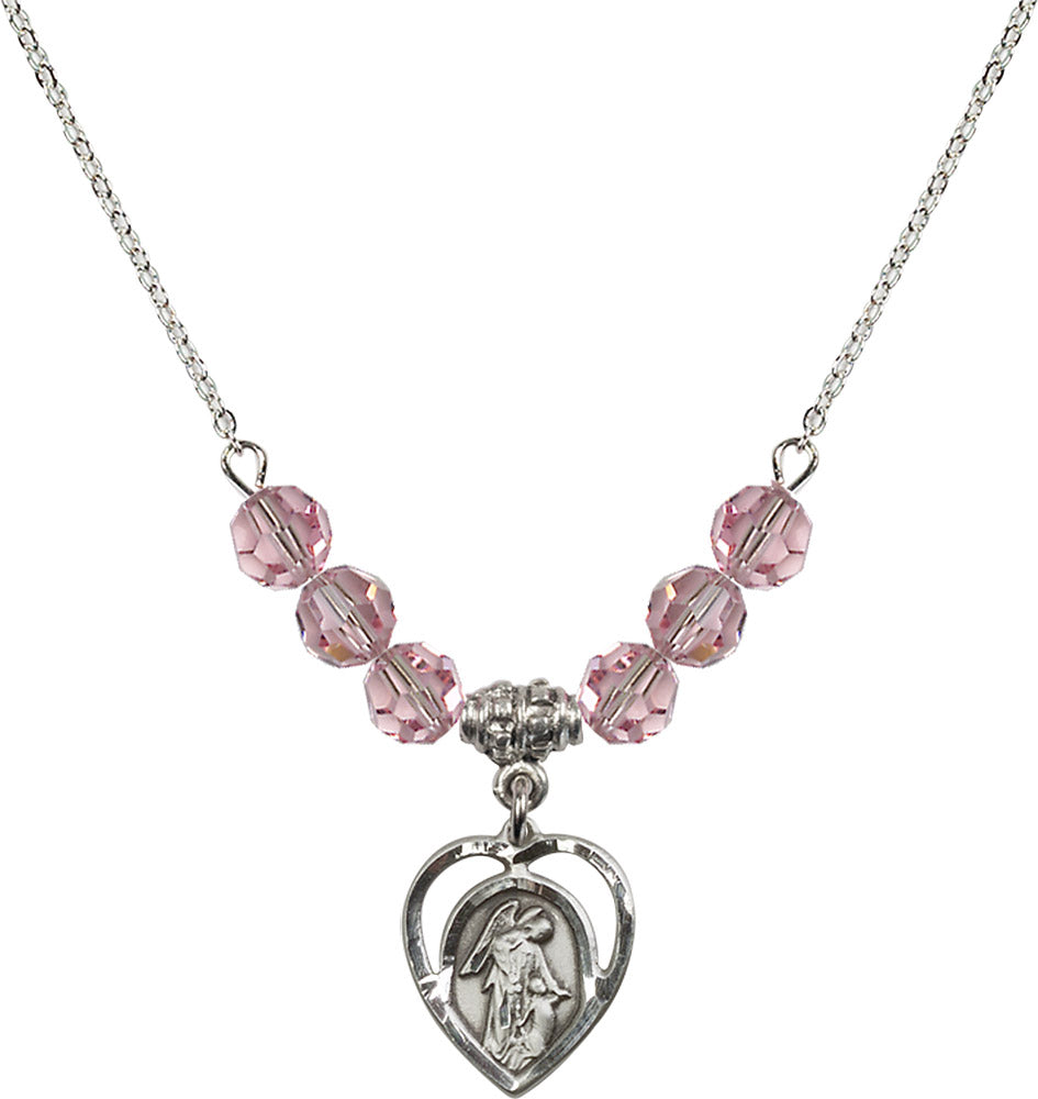 Sterling Silver Guardian Angel Birthstone Necklace with Light Rose Beads - 4129