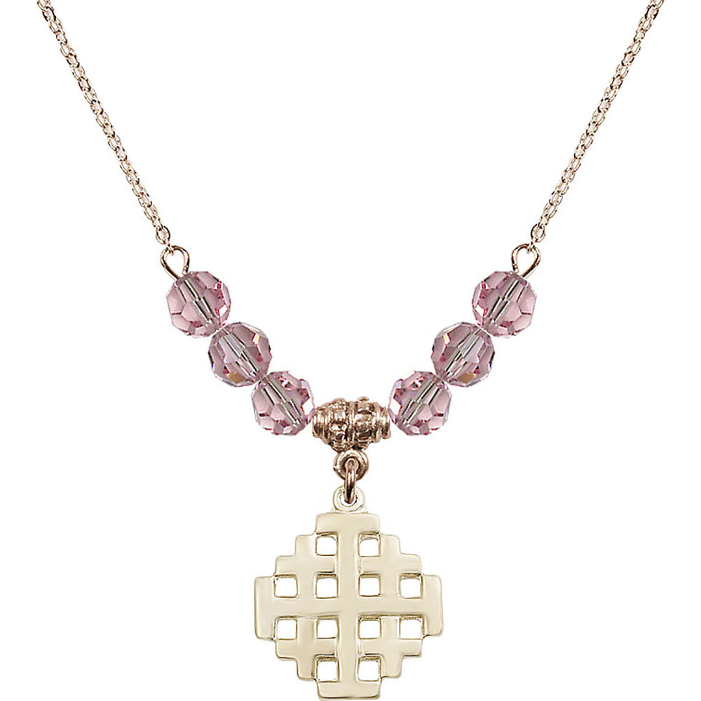 14kt Gold Filled Jerusalem Cross Birthstone Necklace with Light Rose Beads - 4139