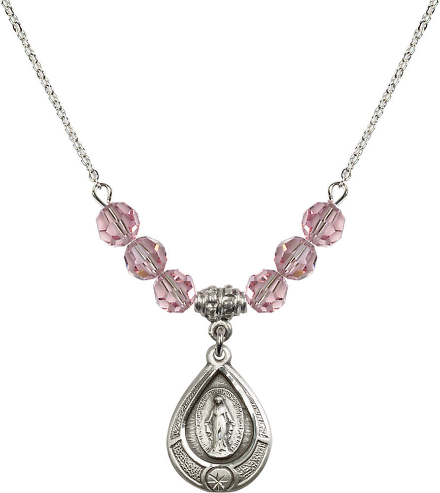 Sterling Silver Miraculous Birthstone Necklace with Light Rose Beads - 4144