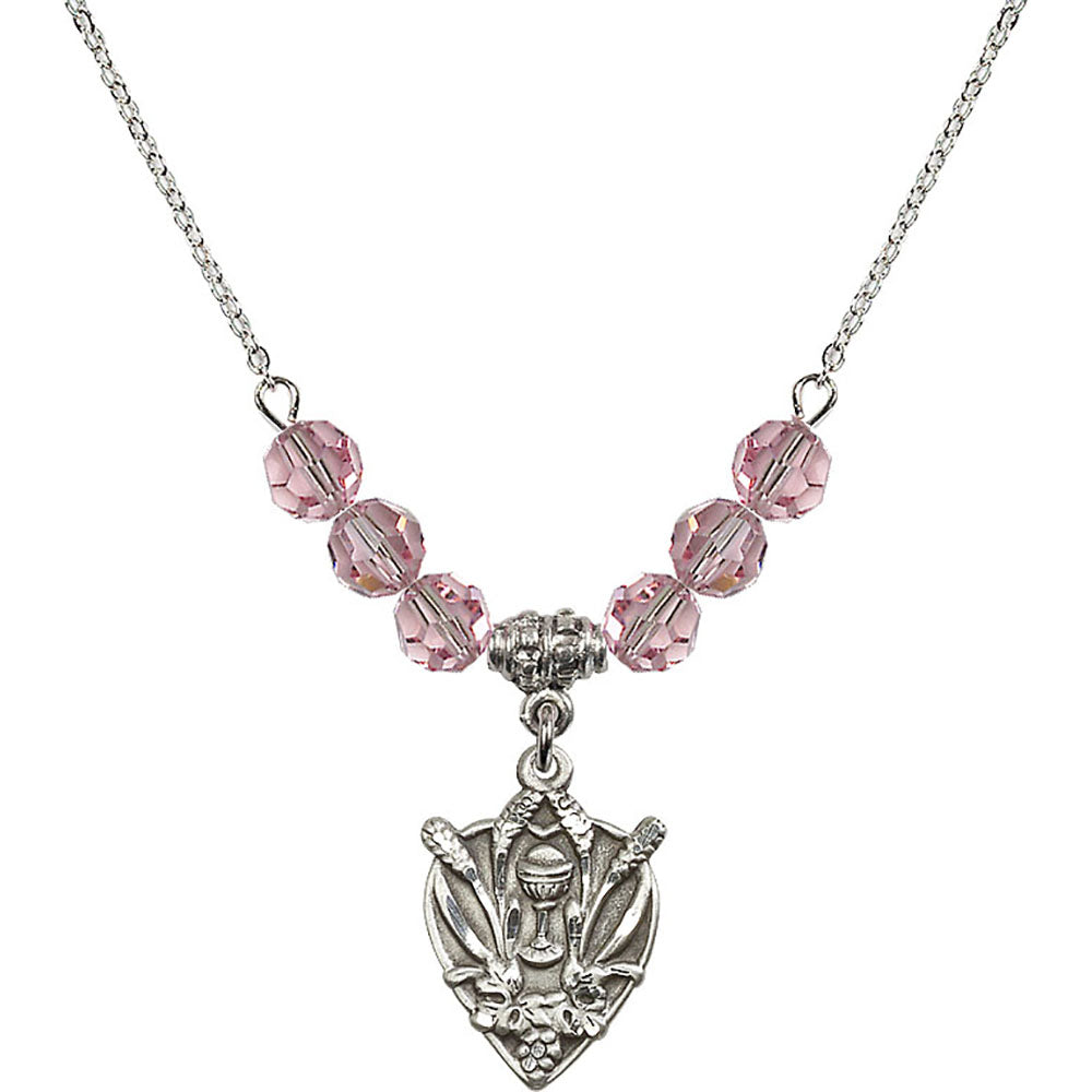Sterling Silver Communion Birthstone Necklace with Light Rose Beads - 4200