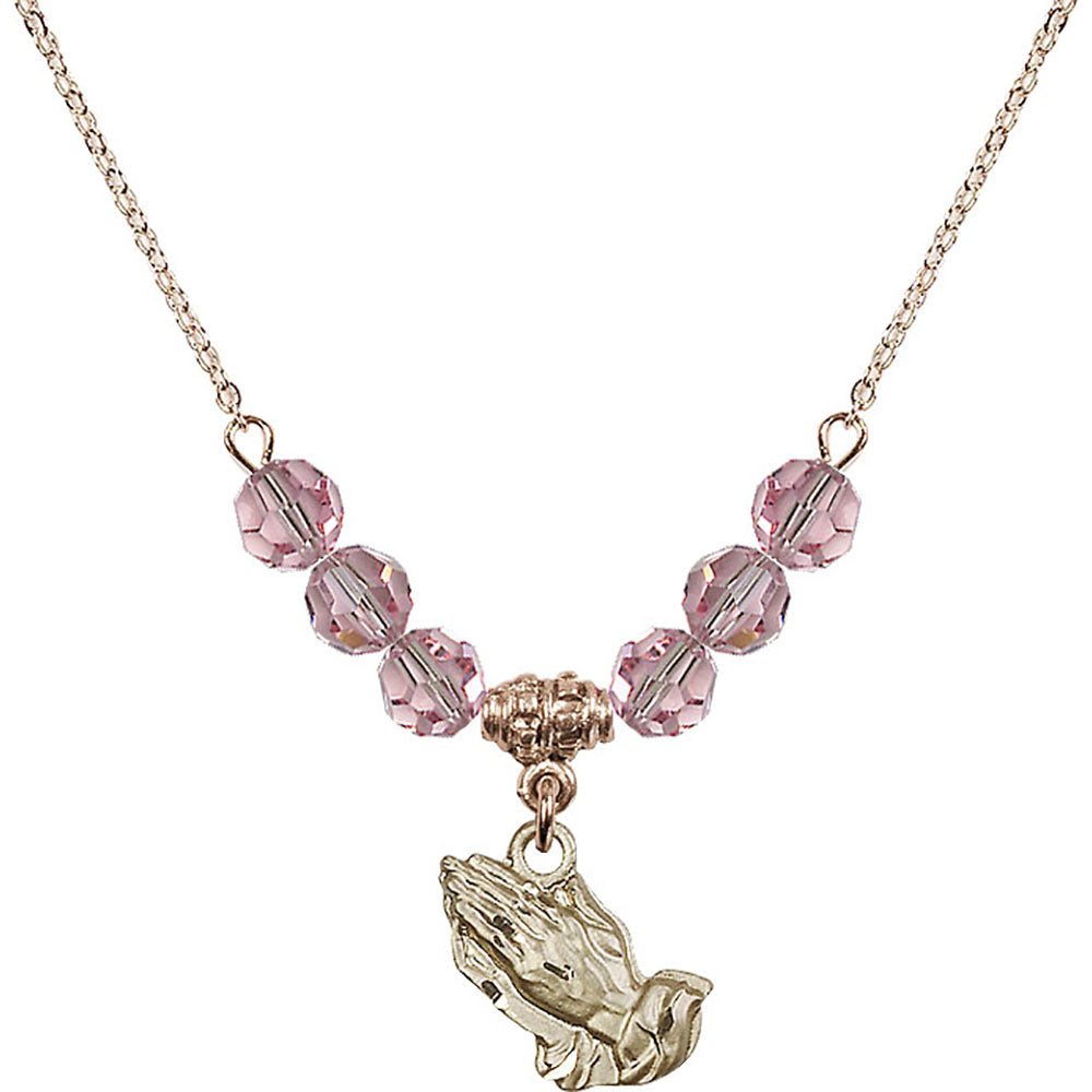 14kt Gold Filled Praying Hands Birthstone Necklace with Light Rose Beads - 4219