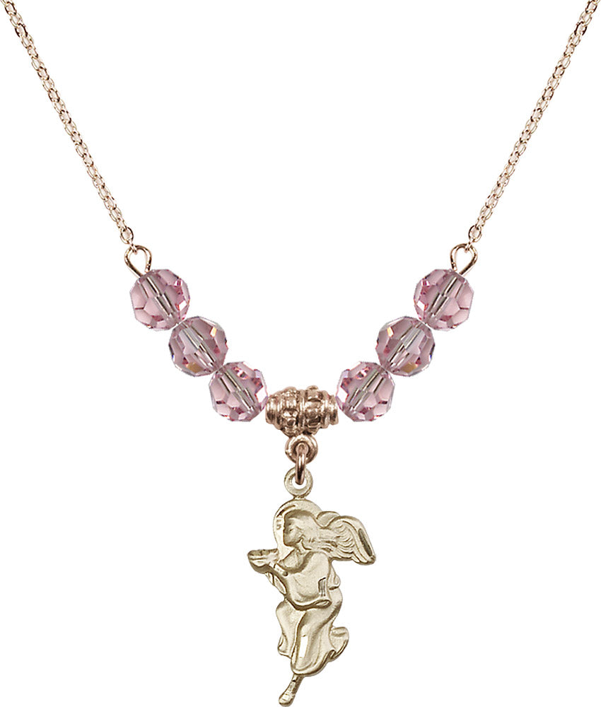 14kt Gold Filled Guardian Angel Birthstone Necklace with Light Rose Beads - 4260