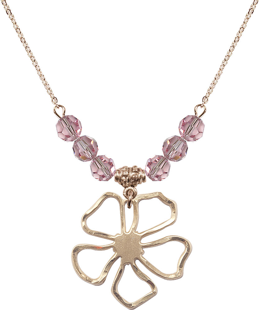 14kt Gold Filled Five Pedal Flower Birthstone Necklace with Light Rose Beads - 5109