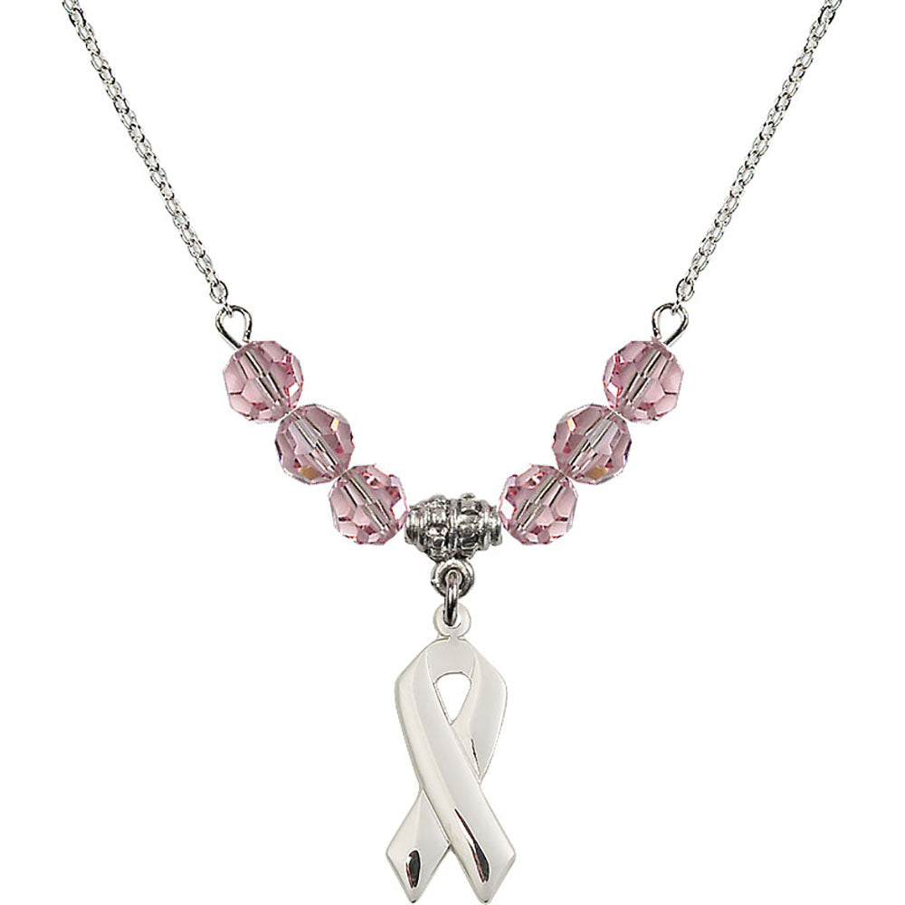 Sterling Silver Cancer Awareness Birthstone Necklace with Light Rose Beads - 5150