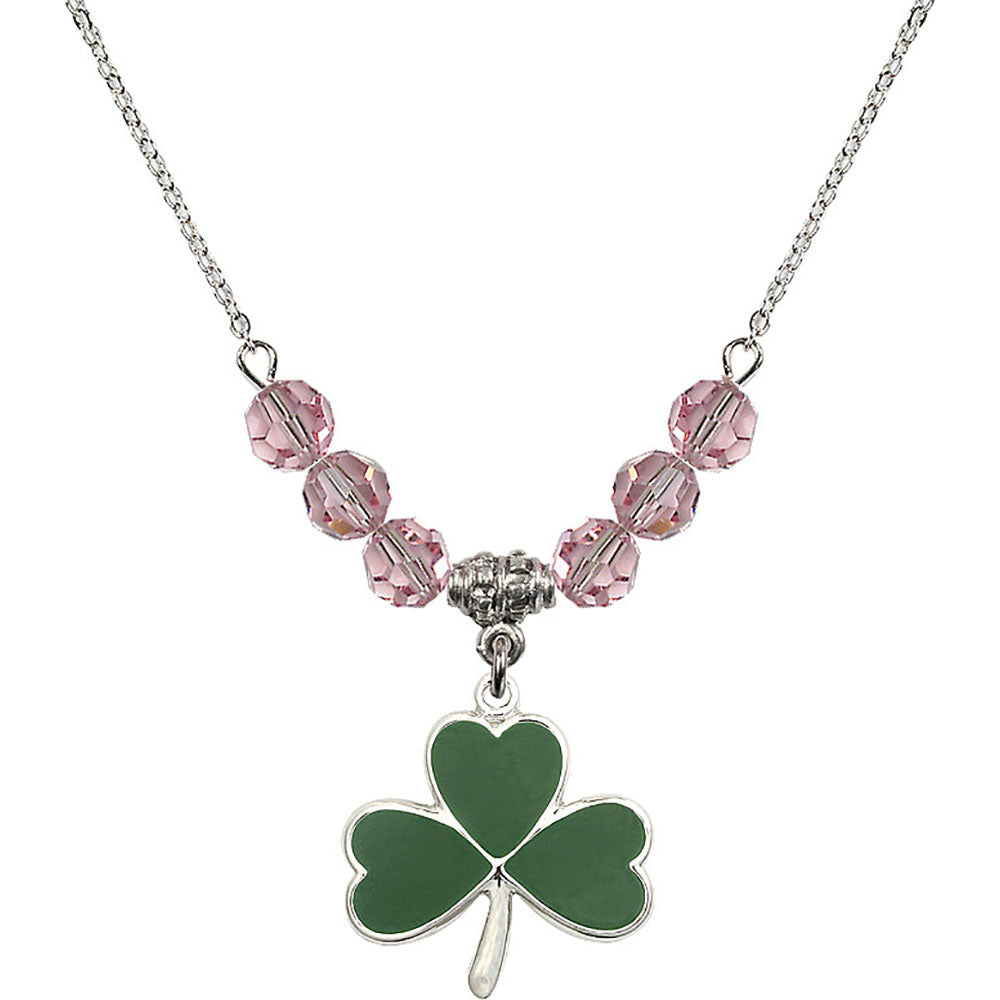 Sterling Silver Shamrock Birthstone Necklace with Light Rose Beads - 5248