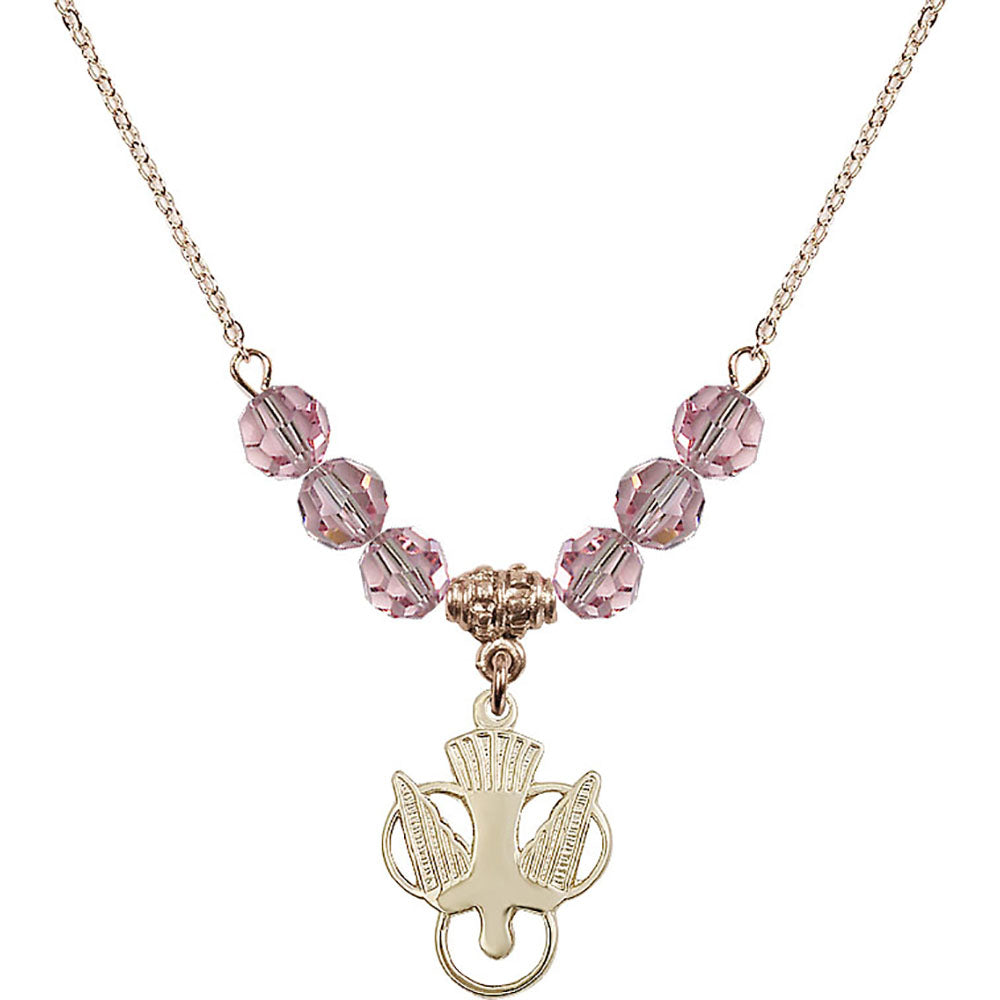 14kt Gold Filled Holy Spirit Birthstone Necklace with Light Rose Beads - 5430