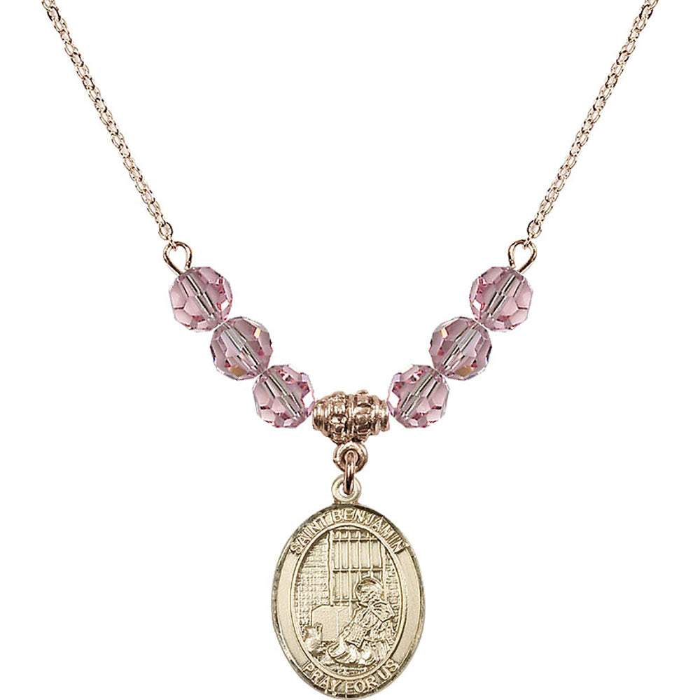 14kt Gold Filled Saint Benjamin Birthstone Necklace with Light Rose Beads - 8013