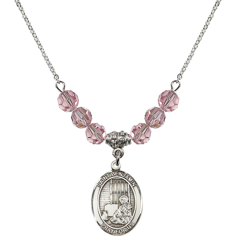 Sterling Silver Saint Benjamin Birthstone Necklace with Light Rose Beads - 8013