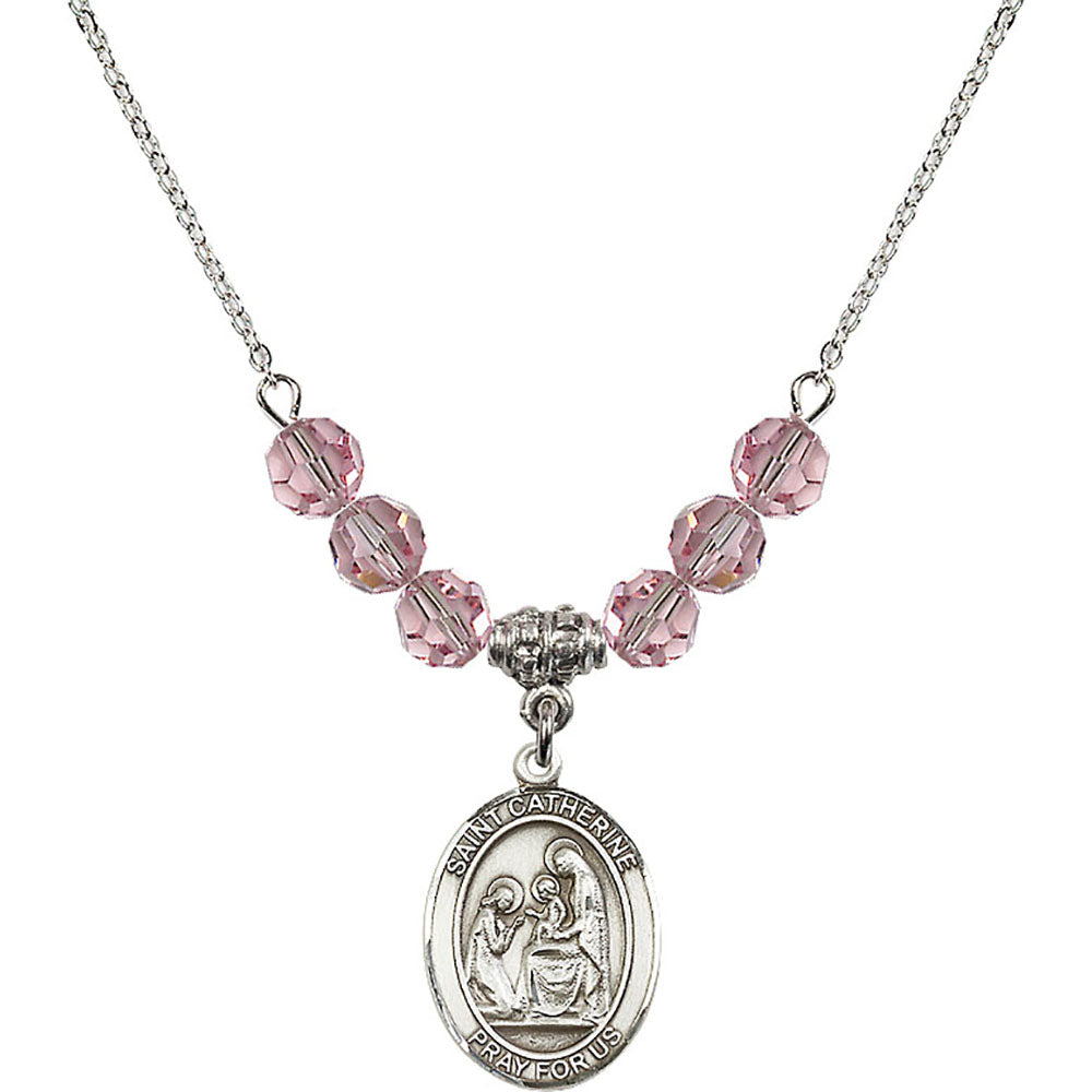 Sterling Silver Saint Catherine of Siena Birthstone Necklace with Light Rose Beads - 8014