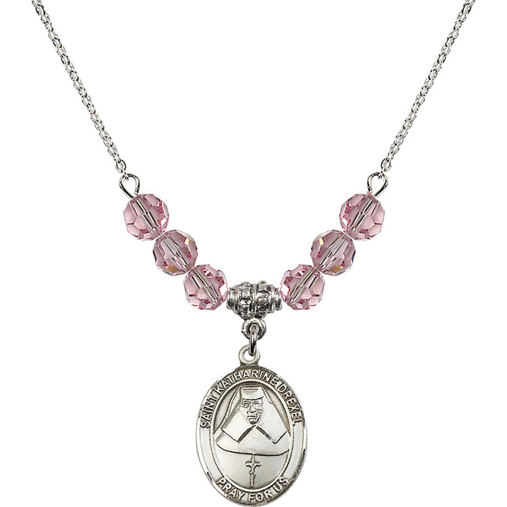 Sterling Silver Saint Katharine Drexel Birthstone Necklace with Light Rose Beads - 8015