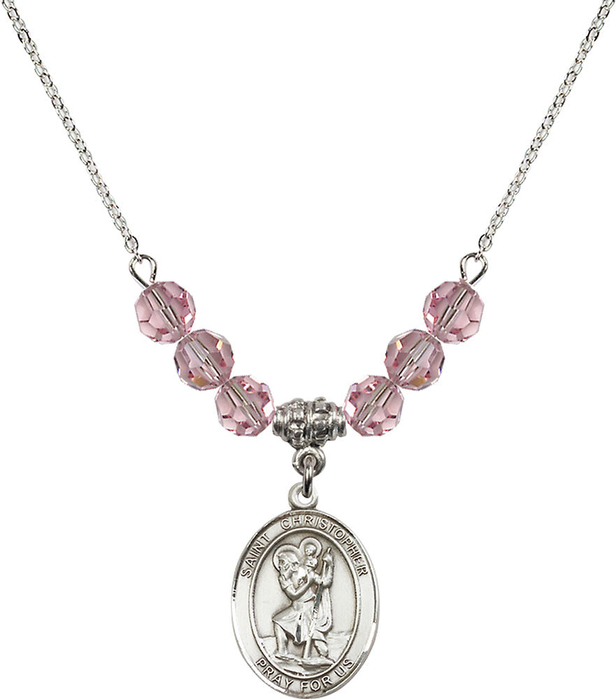 Sterling Silver Saint Christopher Birthstone Necklace with Light Rose Beads - 8022