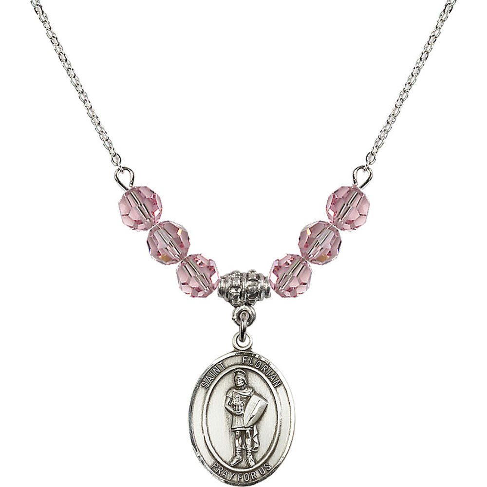 Sterling Silver Saint Florian Birthstone Necklace with Light Rose Beads - 8034