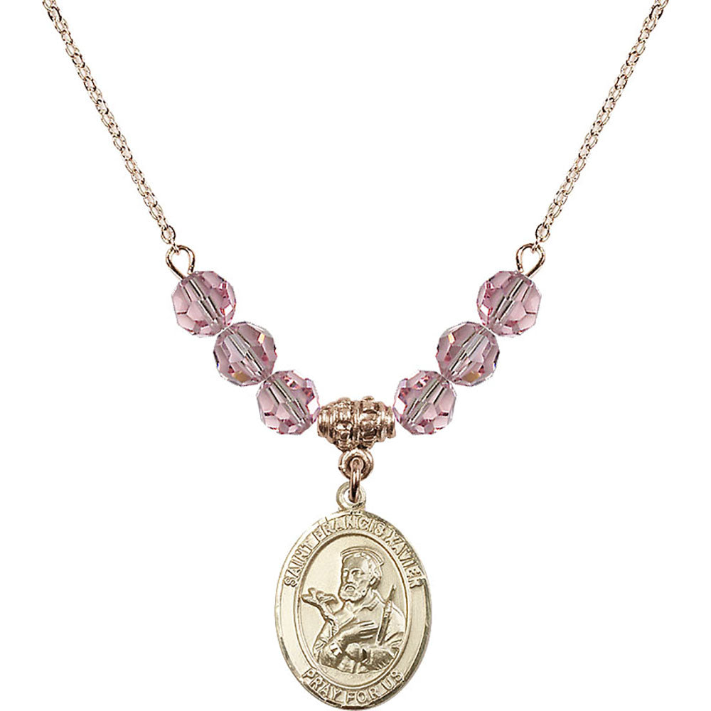 14kt Gold Filled Saint Francis Xavier Birthstone Necklace with Light Rose Beads - 8037