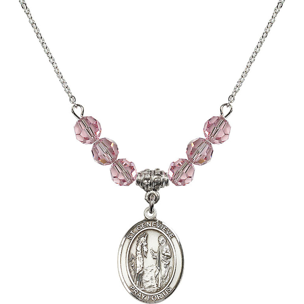 Sterling Silver Saint Genevieve Birthstone Necklace with Light Rose Beads - 8041