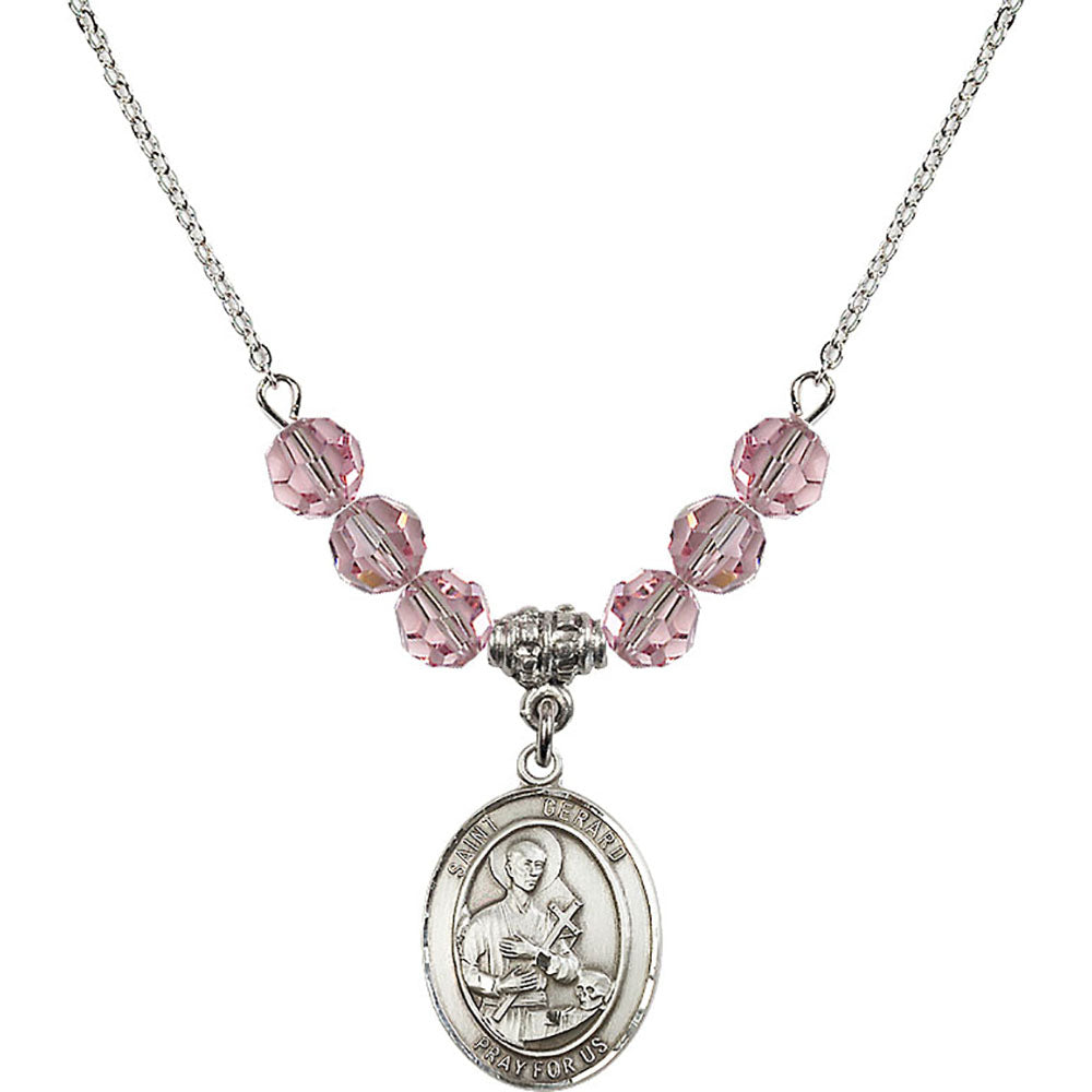 Sterling Silver Saint Gerard Majella Birthstone Necklace with Light Rose Beads - 8042
