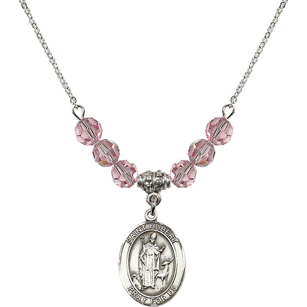 Sterling Silver Saint Hubert of Liege Birthstone Necklace with Light Rose Beads - 8045