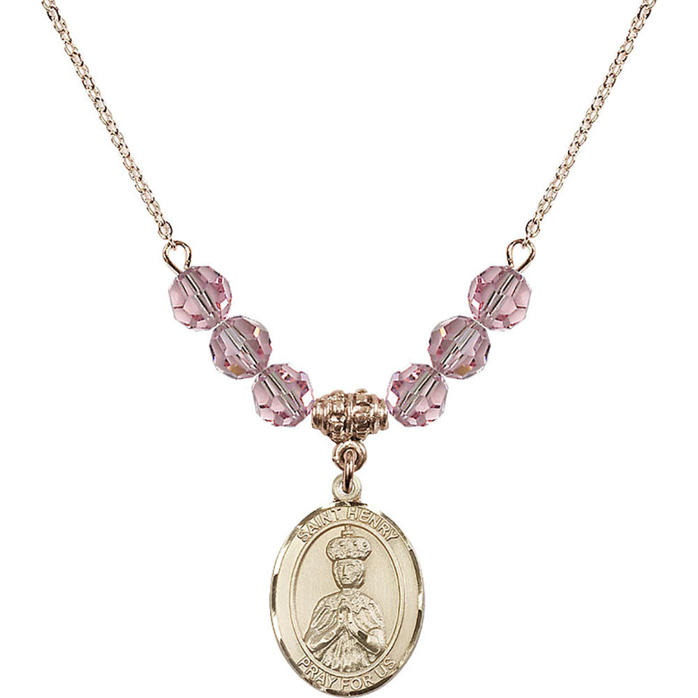 14kt Gold Filled Saint Henry II Birthstone Necklace with Light Rose Beads - 8046