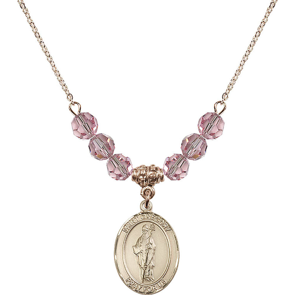 14kt Gold Filled Saint Gregory the Great Birthstone Necklace with Light Rose Beads - 8048