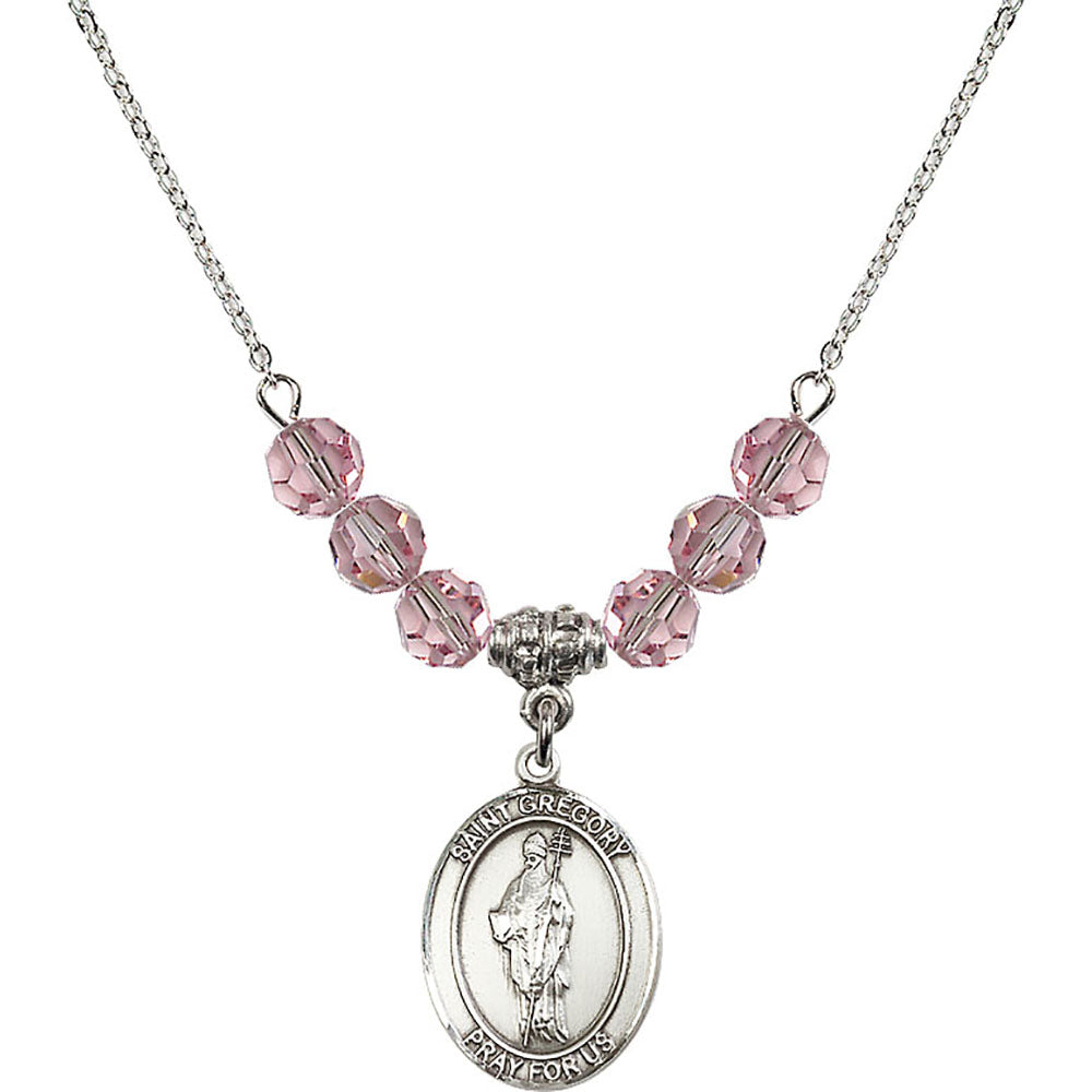 Sterling Silver Saint Gregory the Great Birthstone Necklace with Light Rose Beads - 8048