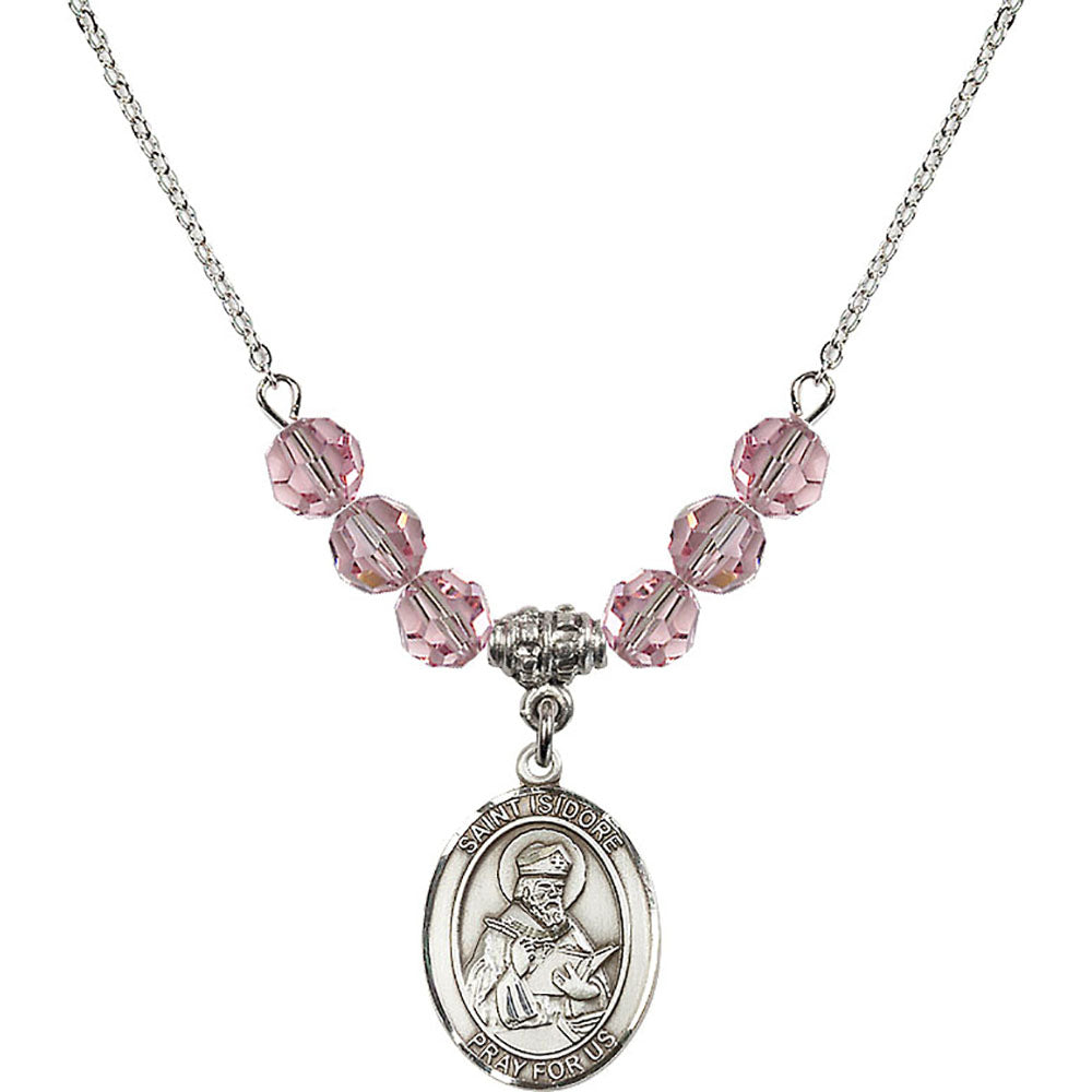 Sterling Silver Saint Isidore of Seville Birthstone Necklace with Light Rose Beads - 8049