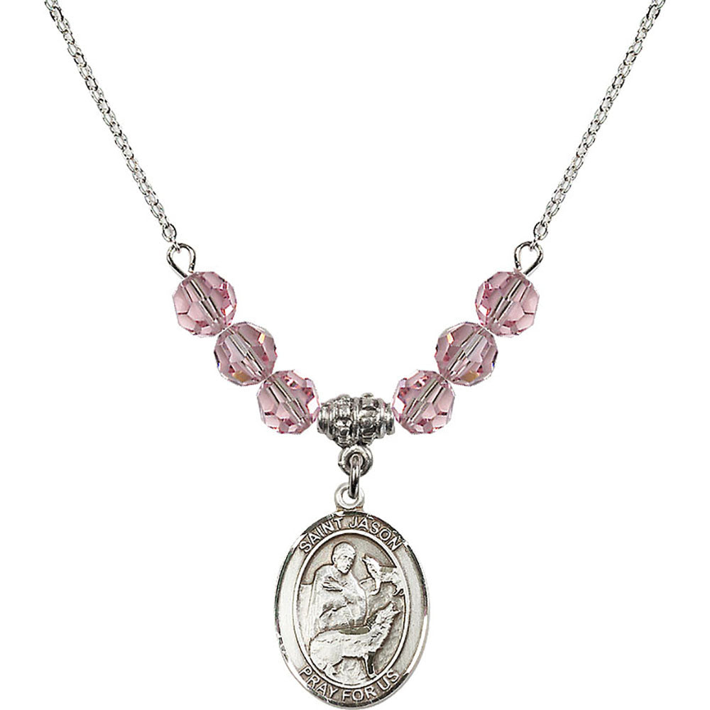 Sterling Silver Saint Jason Birthstone Necklace with Light Rose Beads - 8051
