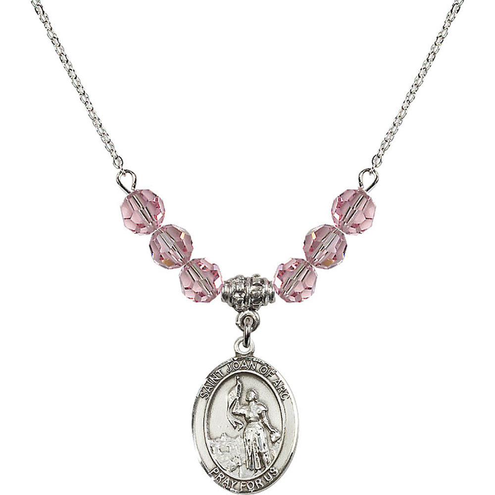 Sterling Silver Saint Joan of Arc Birthstone Necklace with Light Rose Beads - 8053