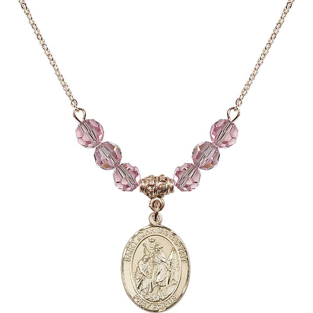 14kt Gold Filled Saint John the Baptist Birthstone Necklace with Light Rose Beads - 8054