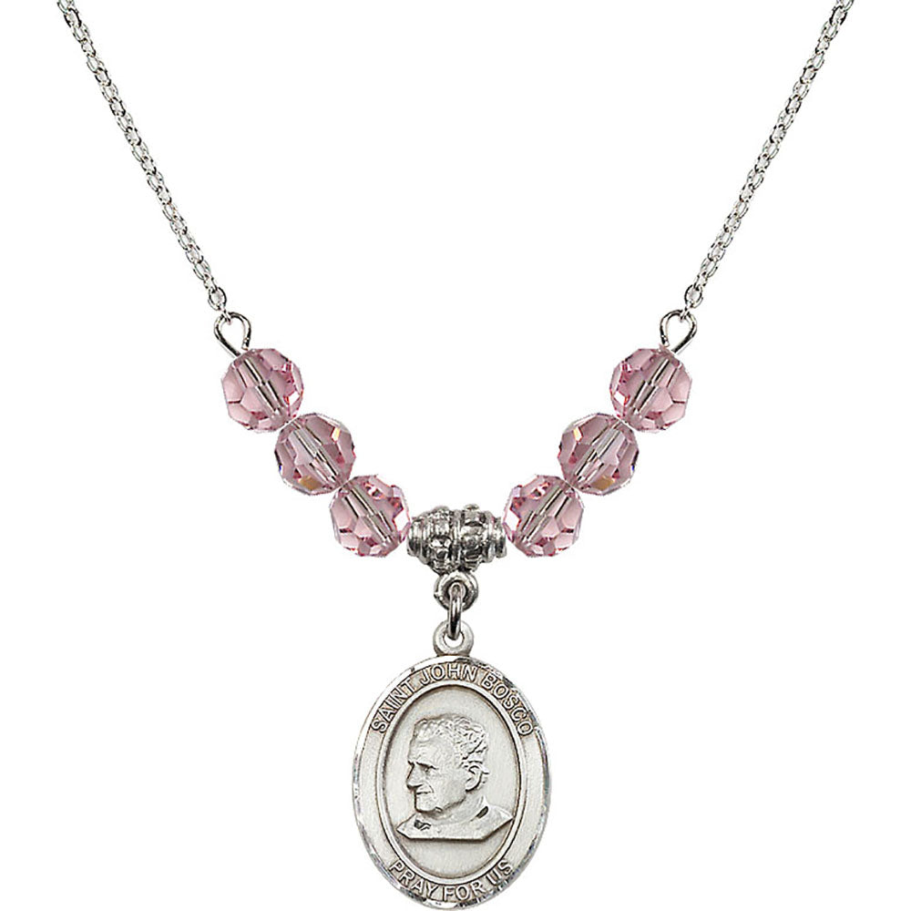 Sterling Silver Saint John Bosco Birthstone Necklace with Light Rose Beads - 8055