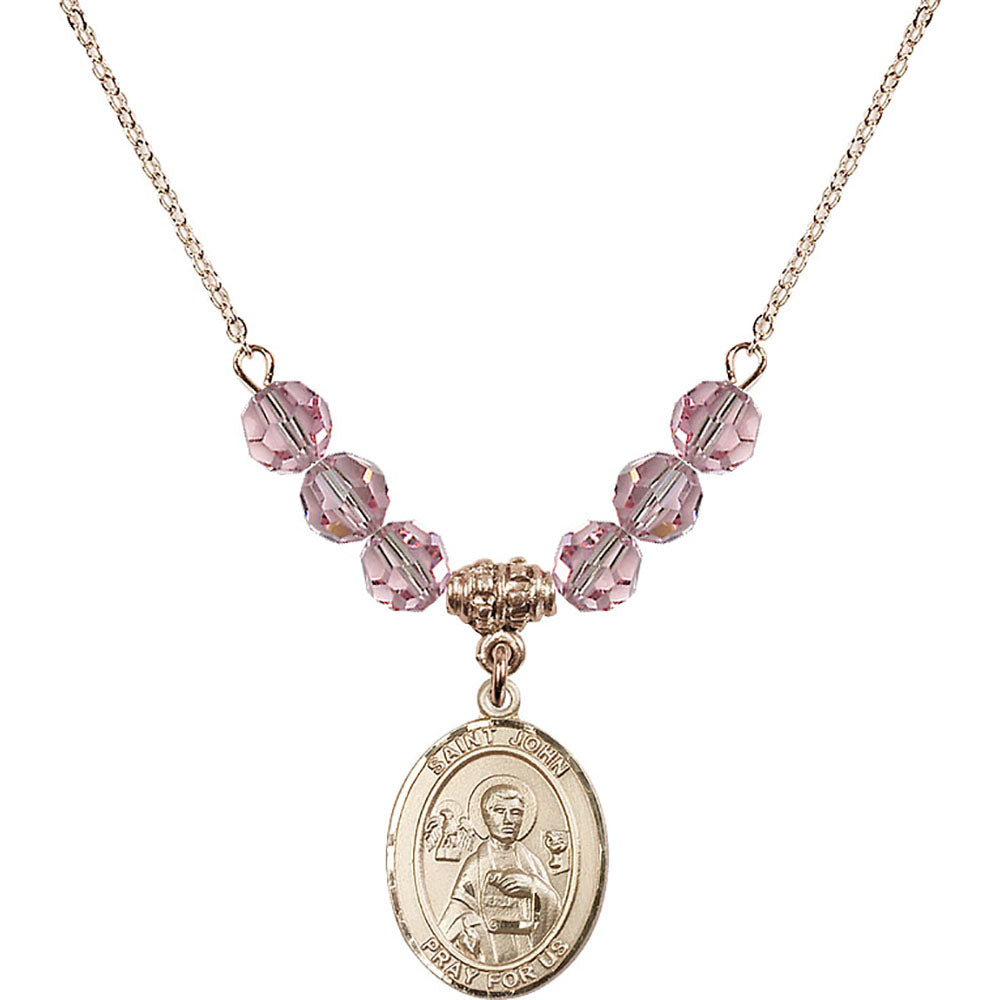 14kt Gold Filled Saint John the Apostle Birthstone Necklace with Light Rose Beads - 8056