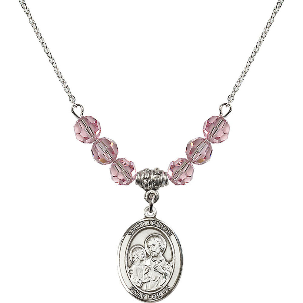 Sterling Silver Saint Joseph Birthstone Necklace with Light Rose Beads - 8058