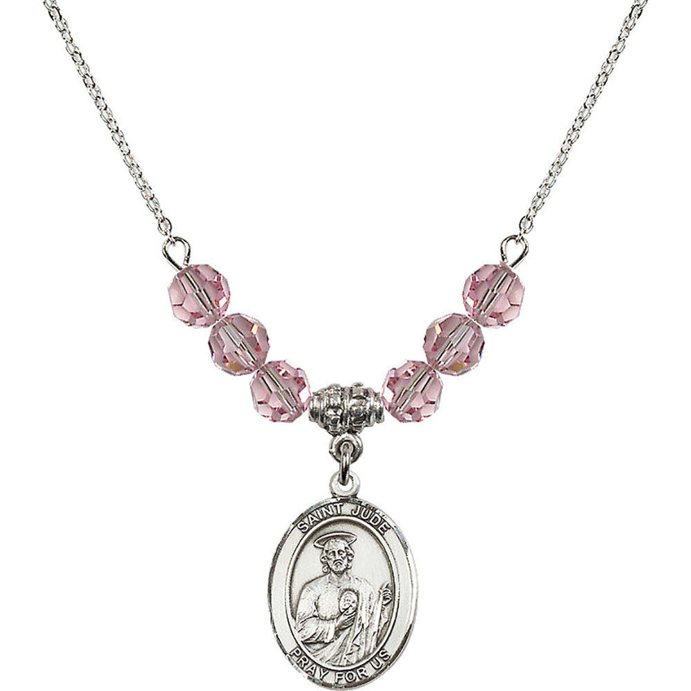 Sterling Silver Saint Jude Thaddeus Birthstone Necklace with Light Rose Beads - 8060