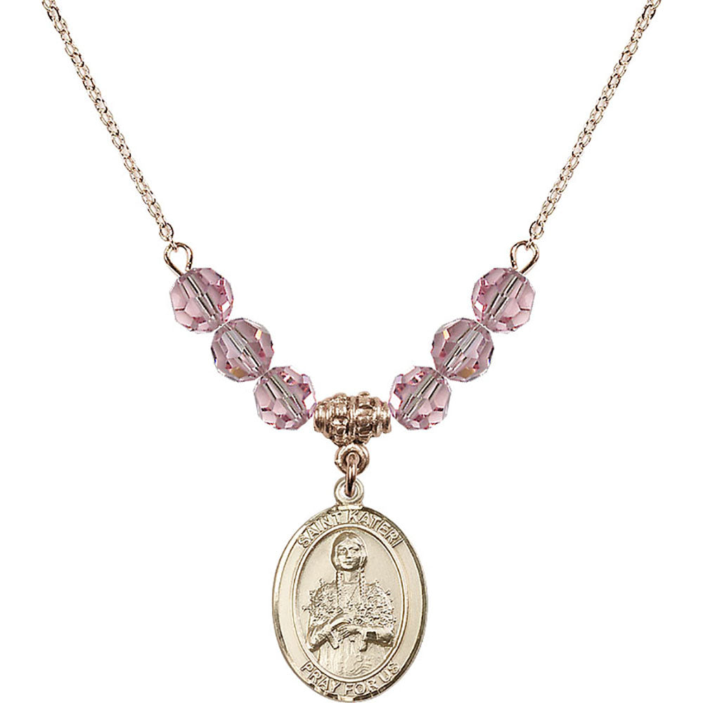 14kt Gold Filled Saint Kateri Tekakwitha Birthstone Necklace with Light Rose Beads - 8061