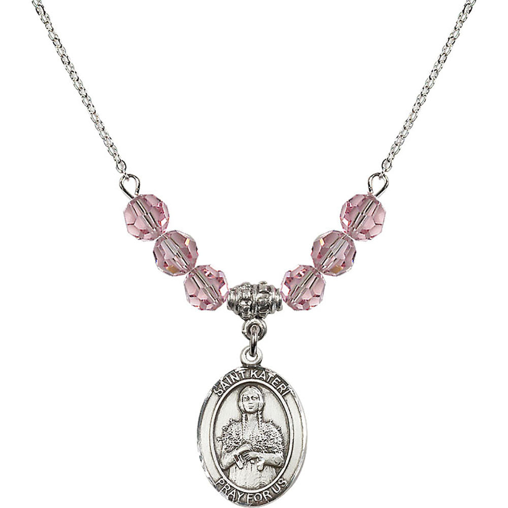 Sterling Silver Saint Kateri Tekakwitha Birthstone Necklace with Light Rose Beads - 8061