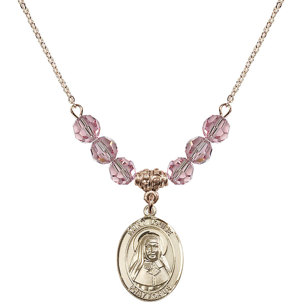14kt Gold Filled Saint Louise de Marillac Birthstone Necklace with Light Rose Beads - 8064