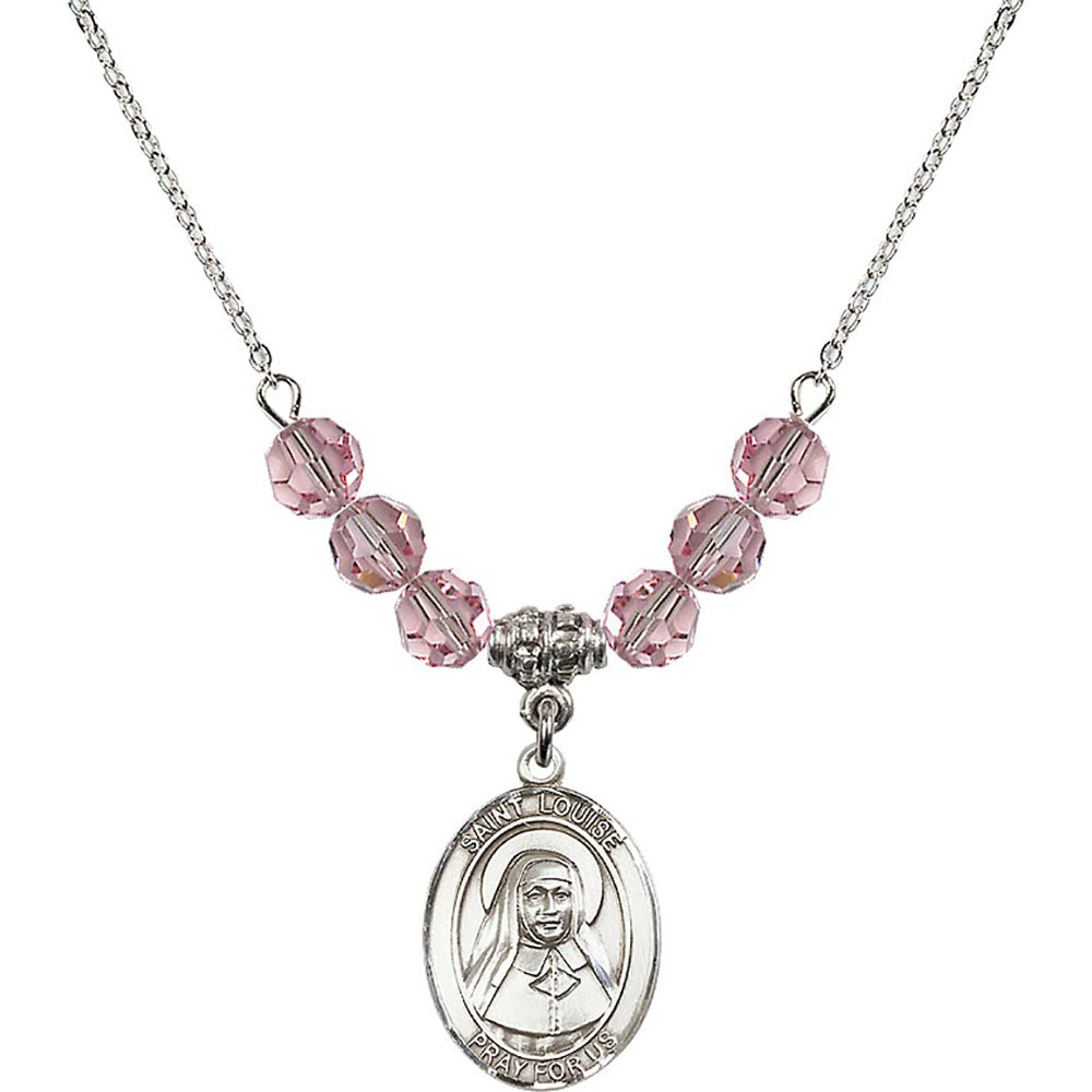 Sterling Silver Saint Louise de Marillac Birthstone Necklace with Light Rose Beads - 8064