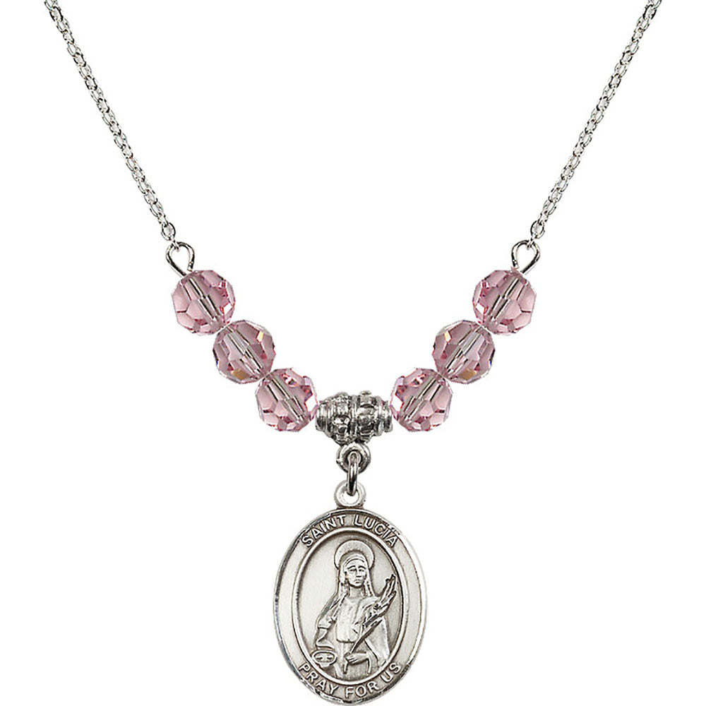 Sterling Silver Saint Lucia of Syracuse Birthstone Necklace with Light Rose Beads - 8065