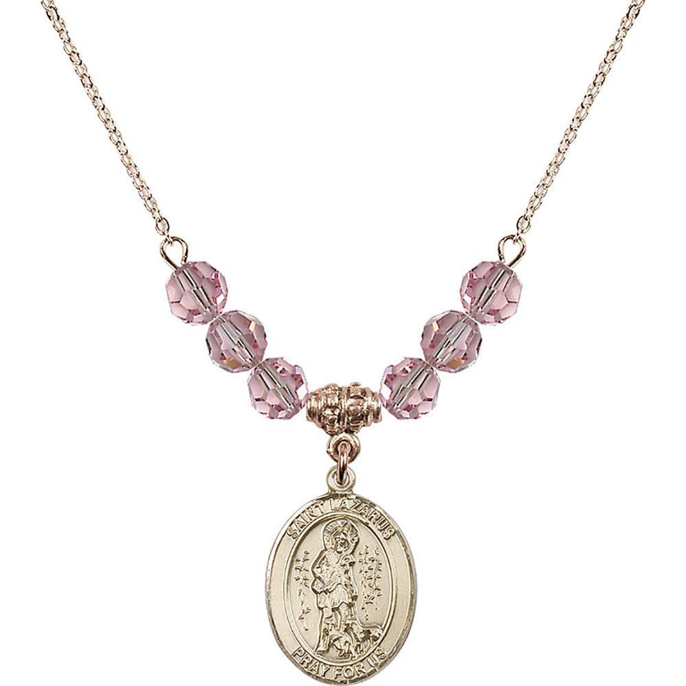 14kt Gold Filled Saint Lazarus Birthstone Necklace with Light Rose Beads - 8066