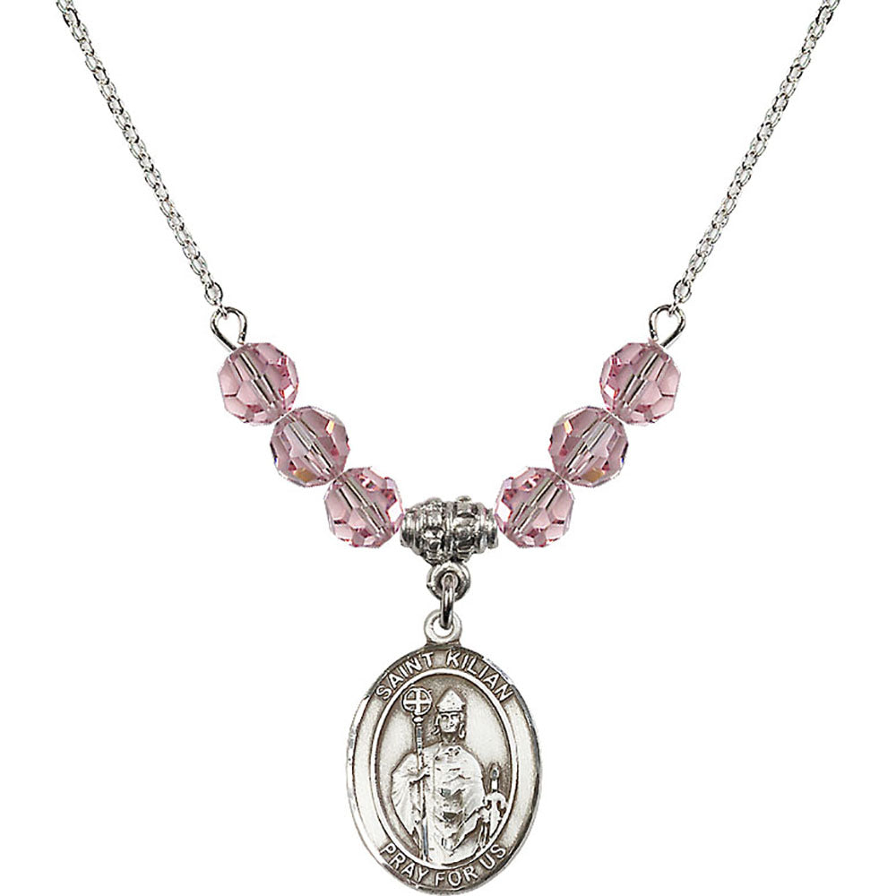 Sterling Silver Saint Kilian Birthstone Necklace with Light Rose Beads - 8067