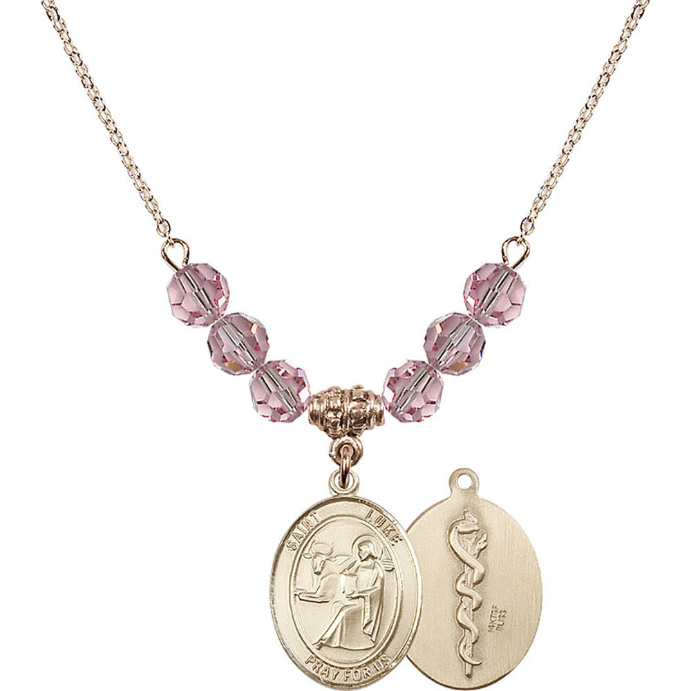 14kt Gold Filled Saint Luke the Apostle / Doctor Birthstone Necklace with Light Rose Beads - 8068