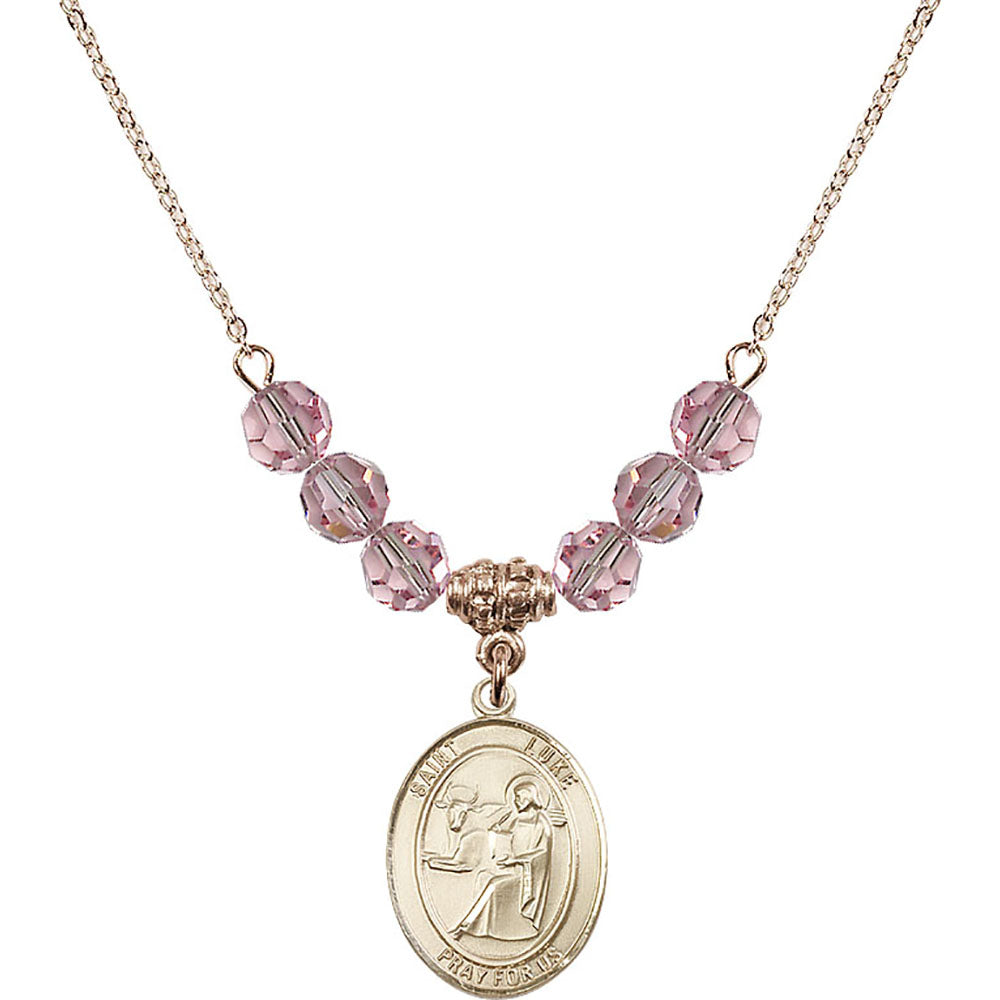 14kt Gold Filled Saint Luke the Apostle Birthstone Necklace with Light Rose Beads - 8068