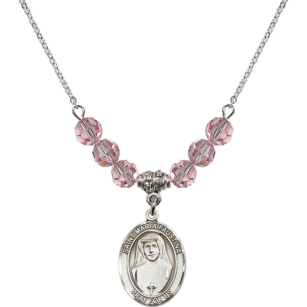 Sterling Silver Saint Maria Faustina Birthstone Necklace with Light Rose Beads - 8069